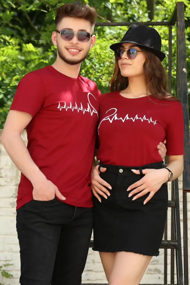 Kalp Ritmi Baskılı Sevgili Kombin Kadın T-shirt Bordo