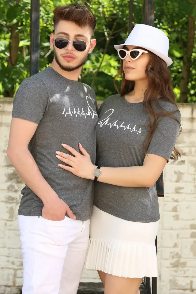 Kalp Ritmi Baskılı Sevgili Kombin Kadın T-shirt Antrasit
