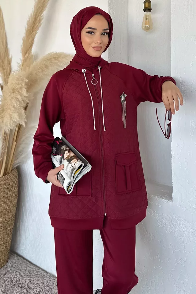 Kapitoneli Broş Detaylı Kapüşonlu Tesettür Tunik Bel Lastikli Pantolon İkili Takım - 2