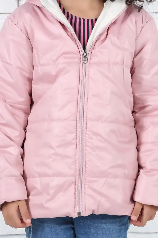 Kapşonlu Içi Polar Kız Çocuk Mont Pudra