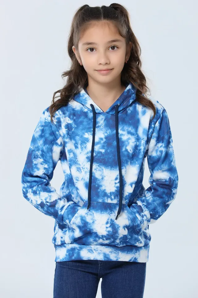 Kapüşonlu Batik Desenli Kız Çocuk Sweatshirt İndigo