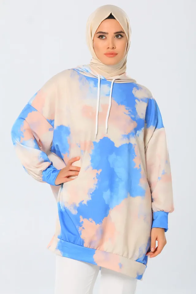 Kapüşonlu Batik Desenli Ovarsize Kadın Sweatshirt Bej
