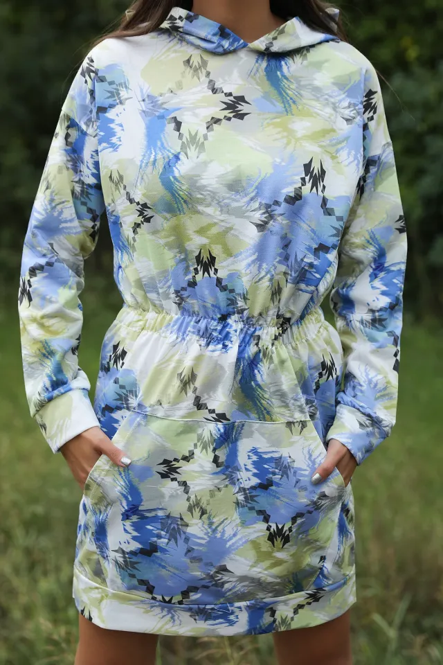 Kapüşonlu Bel Büzgülü Batik Desen Sweat Elbise İndigo