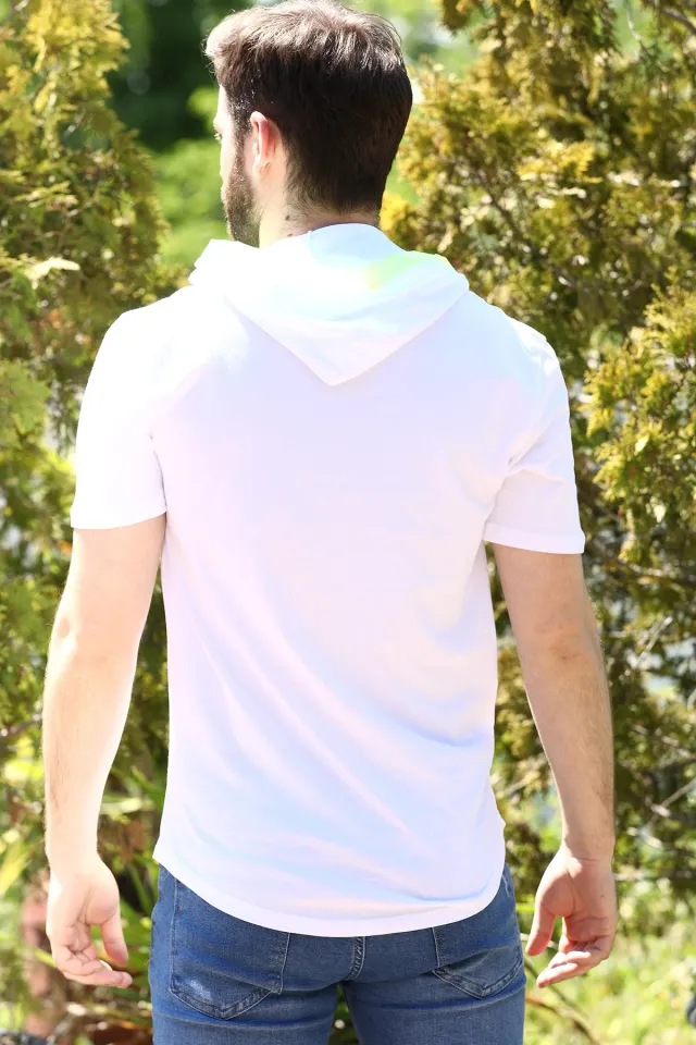 Kapüşonlu Cep Baskılı Erkek T-shirt Beyaz