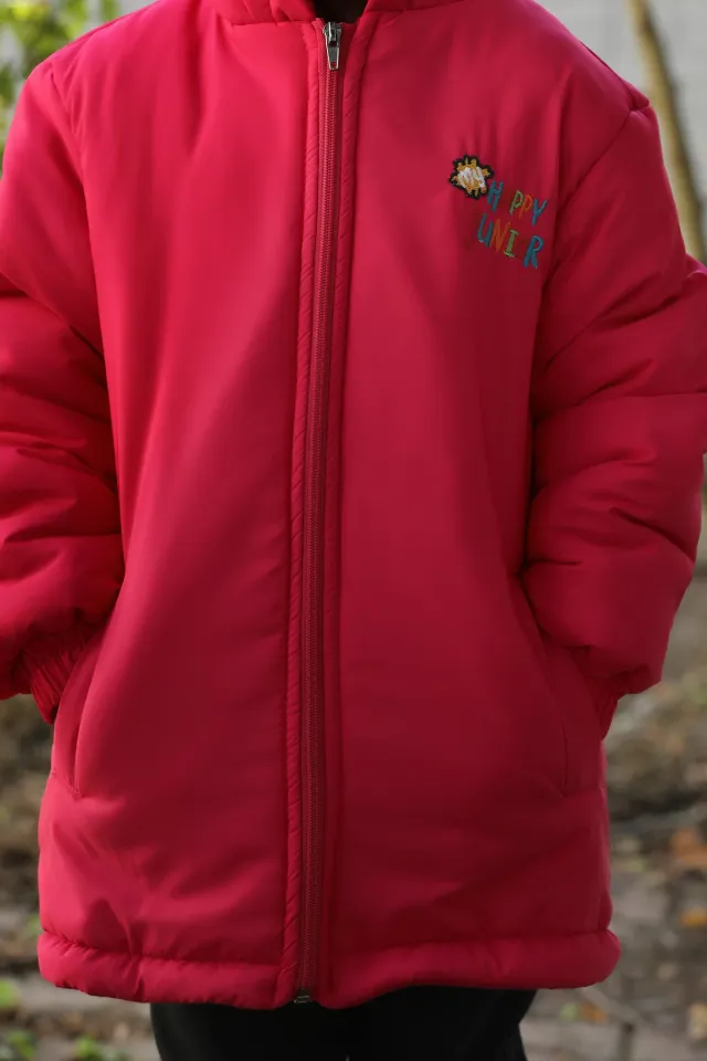 Kapüşonlu Cepli Içi Polar Kız Çocuk Mont Fuşya