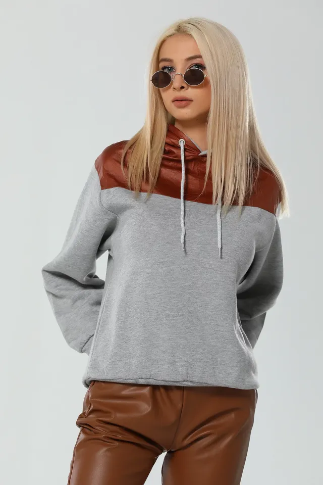 Kapüşonlu Deri Detaylı Içi Şardonlu Uzun Kollu Kadın Sweatshirt Gri Kiremit