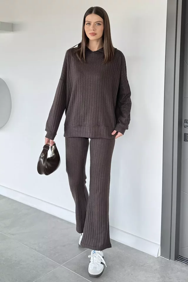 Kapüşonlu Fitilli Sweat Pantolon İkili Takım - 2