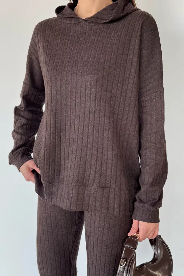 Kapüşonlu Fitilli Sweat Pantolon İkili Takım