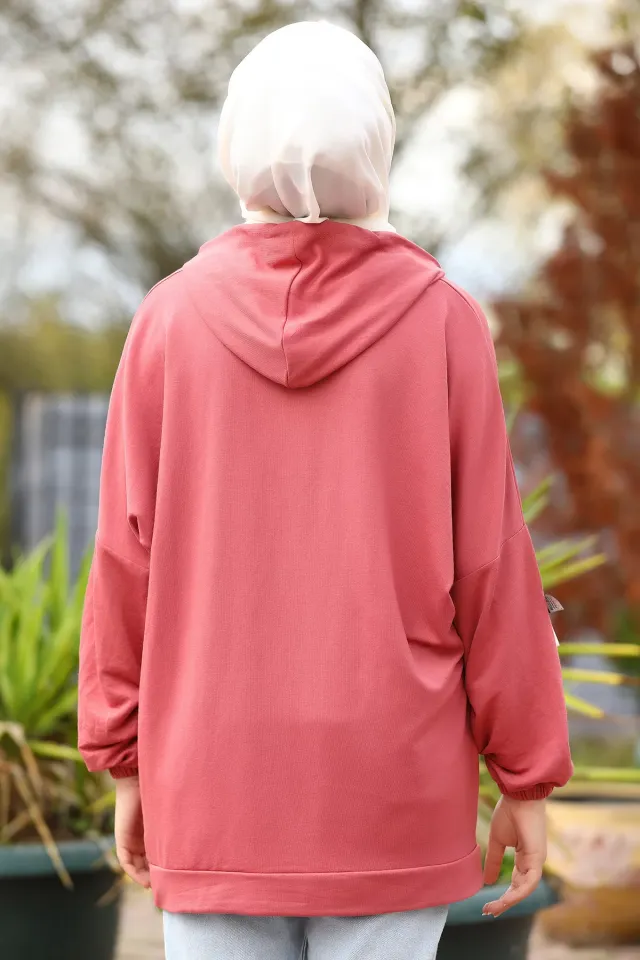 Kapüşonlu Kanguru Cepli Kadın Sweatshirt Gülkurusu