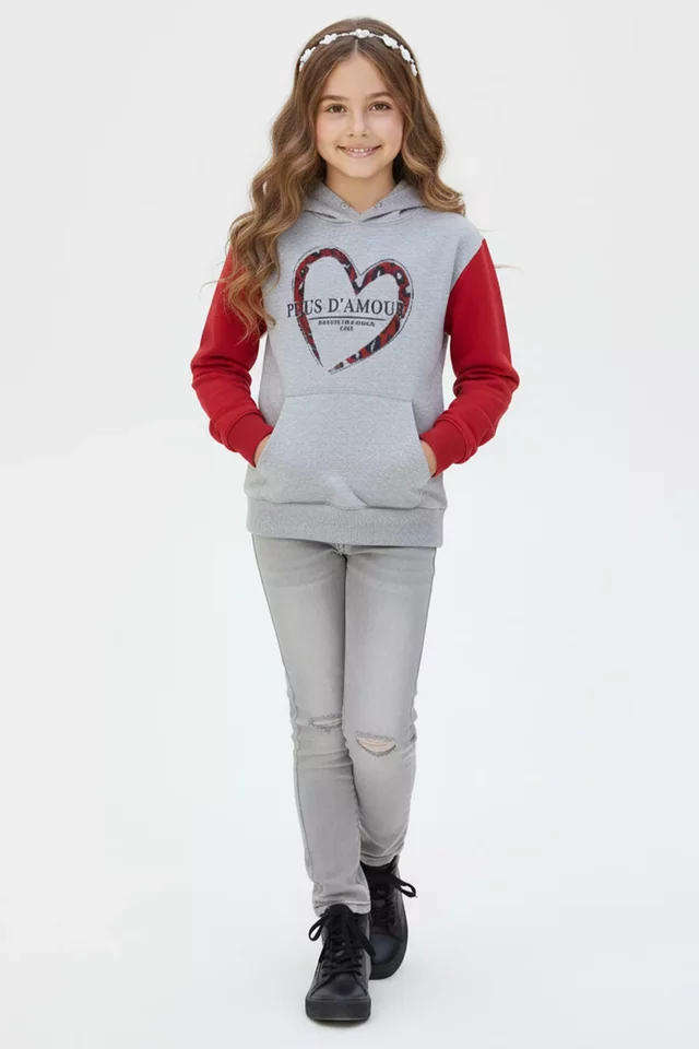 Kapüşonlu Kanguru Cepli Üç İplik Şardonlu Kız Çocuk Sweatshirt - 1