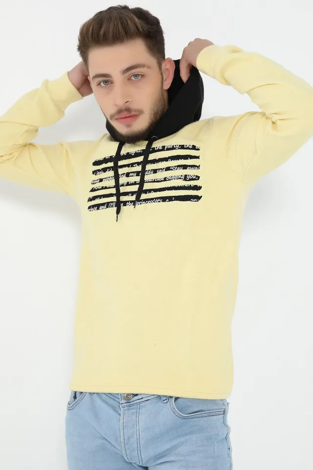 Kapüşonlu Ön Baskılı Uzun Kol Erkek Sweatshirt A.sarı