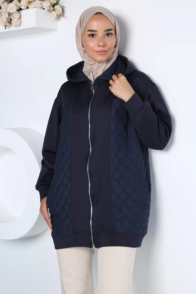 Kapüşonlu Şık Desenli Tesettür Sweat Ceket - 1