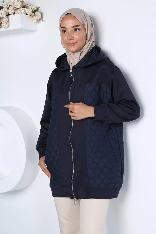Kapüşonlu Şık Desenli Tesettür Sweat Ceket