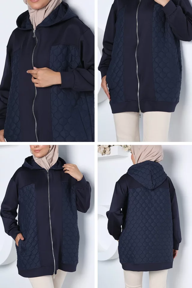 Kapüşonlu Şık Desenli Tesettür Sweat Ceket