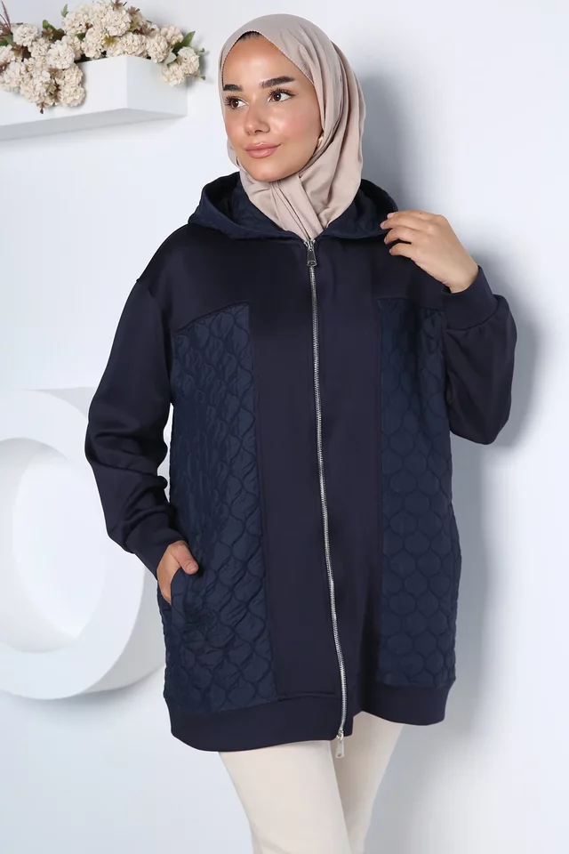 Kapüşonlu Şık Desenli Tesettür Sweat Ceket