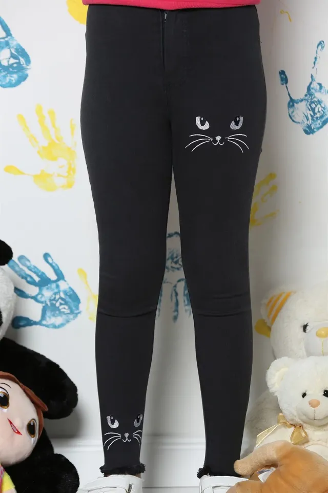 Kedi Baskılı Kız Çoçuk Pantolon Füme