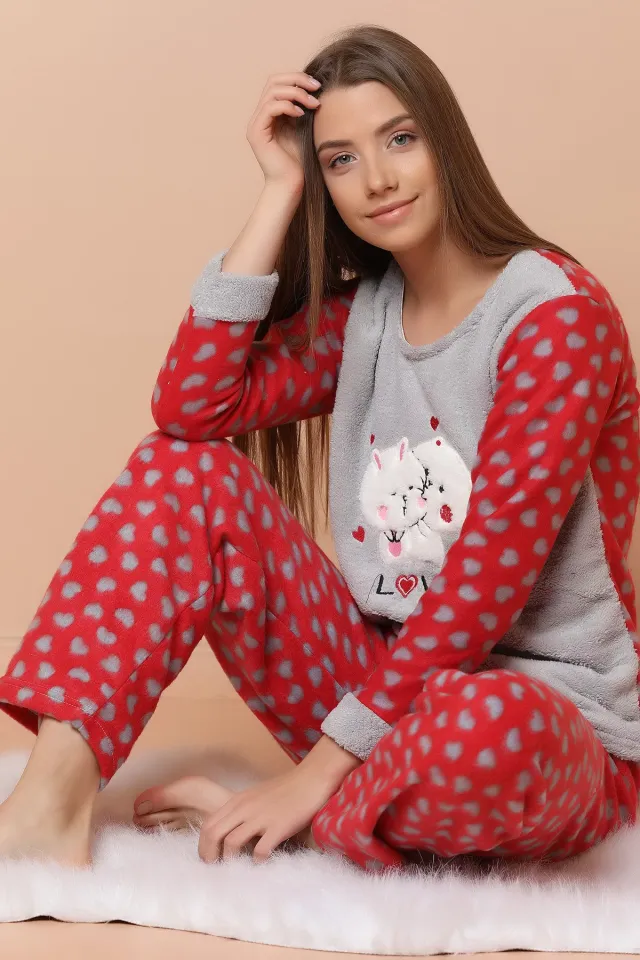 Kedi Baskılı Peluş Pijama Takımı Gri