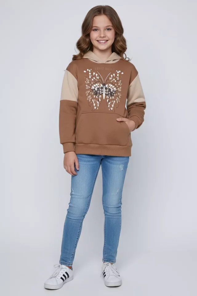 Kelebek Baskılı Üç İplik Şardonlu Kapüşonlu Kız Çocuk Sweatshirt - 1
