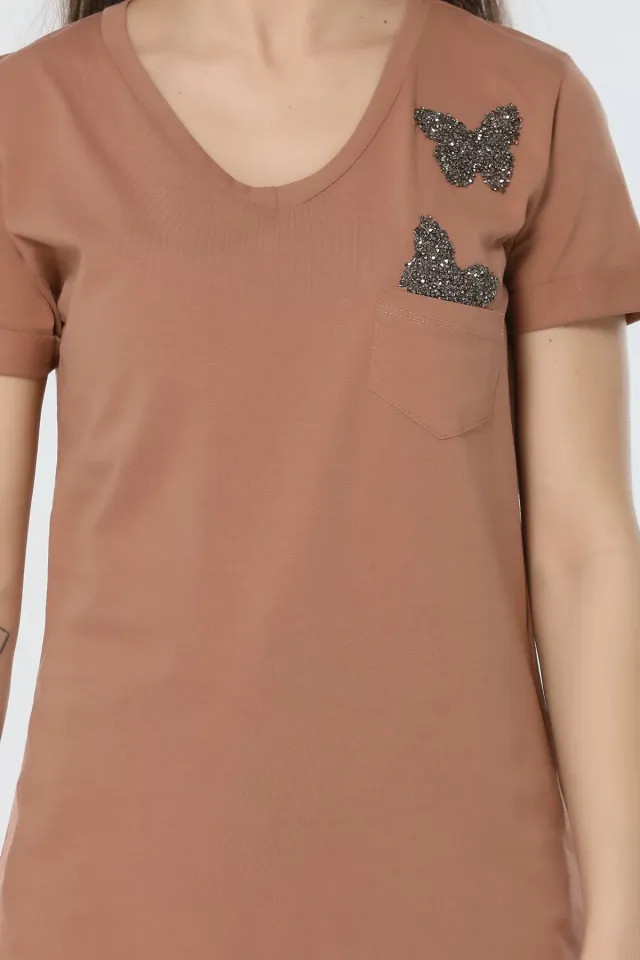 Kelebek Işlemeli T-shirt Açık Camel