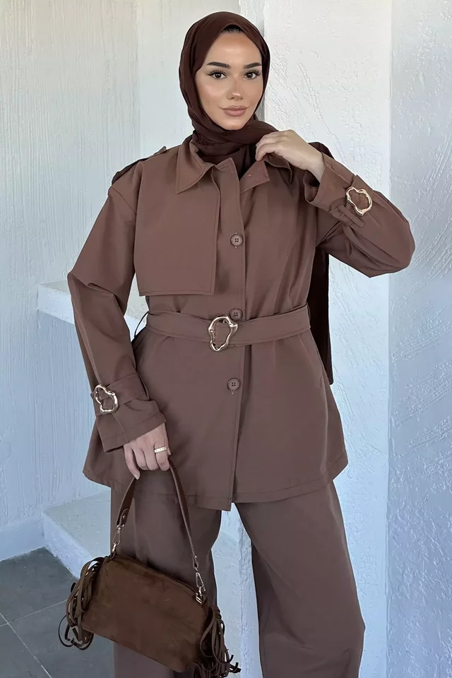 Kemerli Astarlı Trenç Pantolon Tesettür İkili Takım - 2
