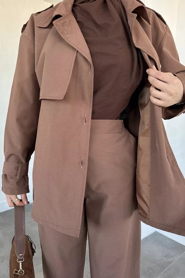 Kemerli Astarlı Trenç Pantolon Tesettür İkili Takım