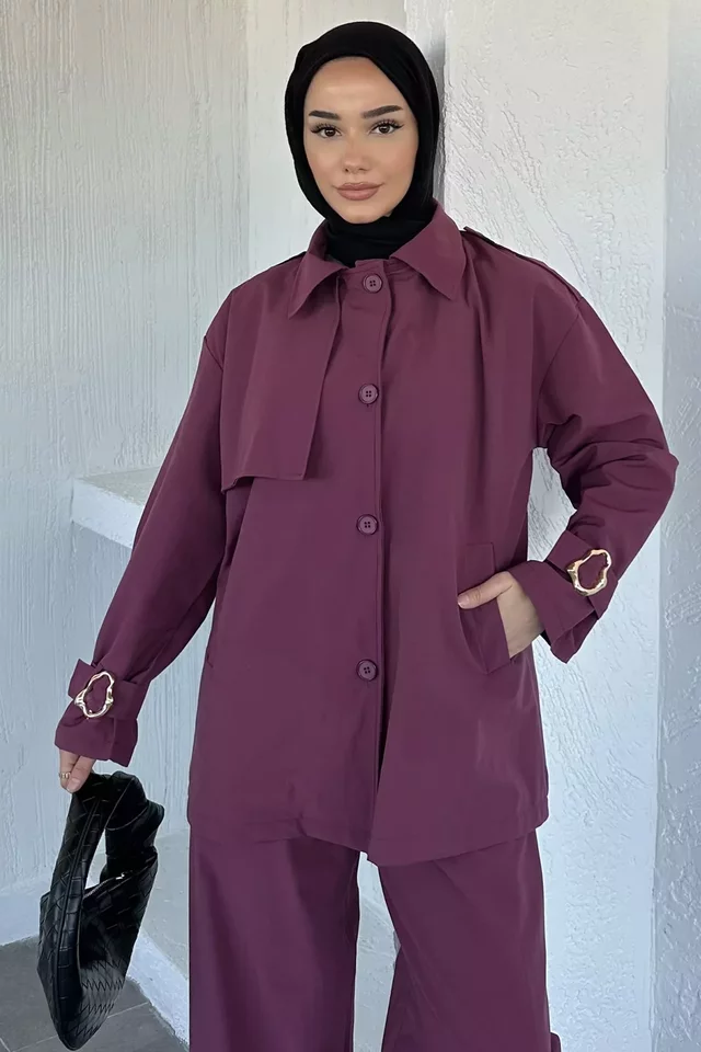 Kemerli Astarlı Trenç Pantolon Tesettür İkili Takım - 2