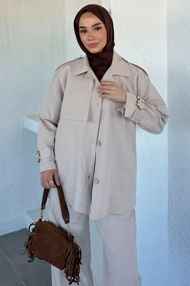 Kemerli Astarlı Trenç Pantolon Tesettür İkili Takım - 2