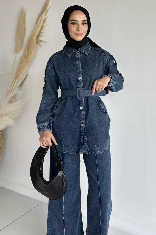 Kemerli Jean Kot Ceket Pantolon Tesettür İkili Takım - 1