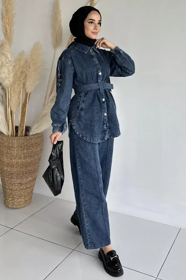 Kemerli Jean Kot Ceket Pantolon Tesettür İkili Takım - 2