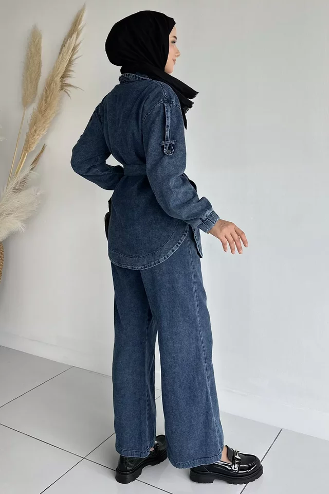 Kemerli Jean Kot Ceket Pantolon Tesettür İkili Takım