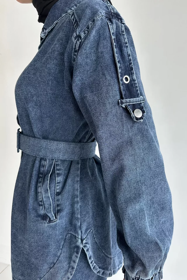 Kemerli Jean Kot Ceket Pantolon Tesettür İkili Takım