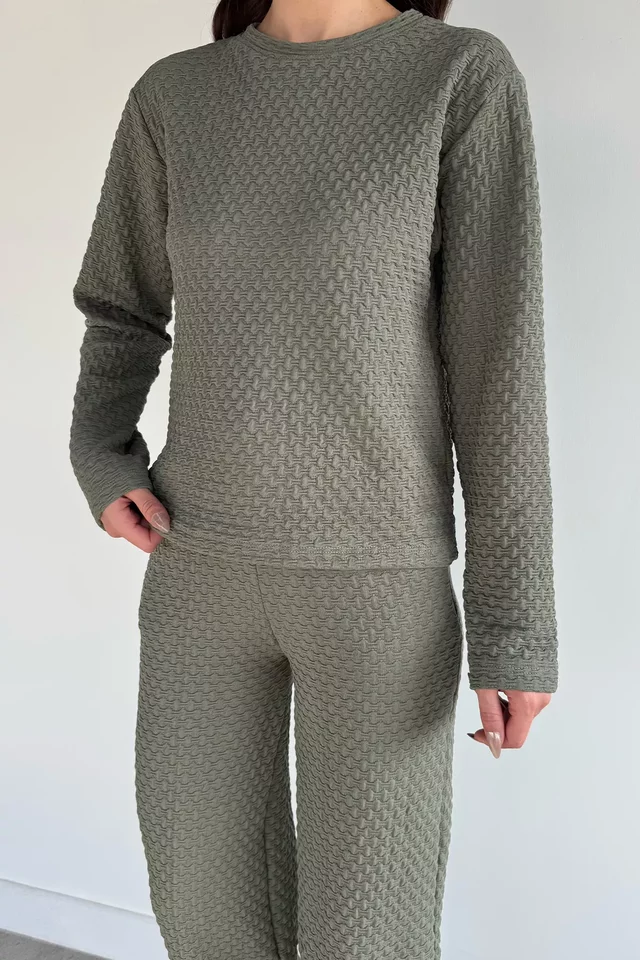 Kendinden Desenli Bluz Pantolon İkili Takım - 1
