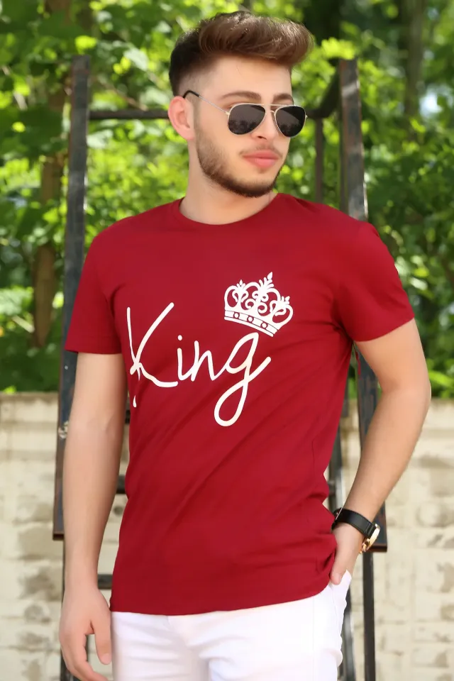 King Baskılı Sevgili Kombin Erkek T-shirt Bordo