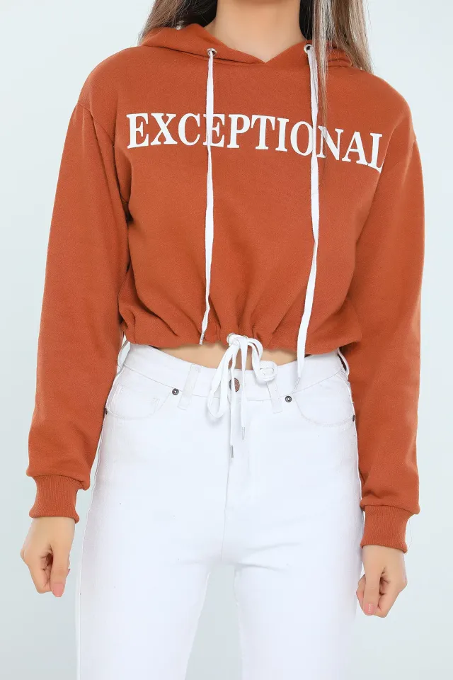 Exceptıonal Baskılı Kapüşonlu Eteği Kordonlu Crop Kadın Sweatshirt Kiremit