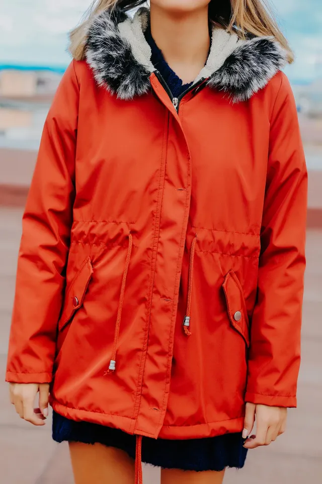 Kadın Kapüşonlu İçi Pelüşlü Kışlık Kısa Mont Kiremit