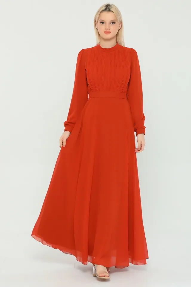 Kadın Modest Önü Piliseli Uzun Tesettür Şifon Elbise Kiremit