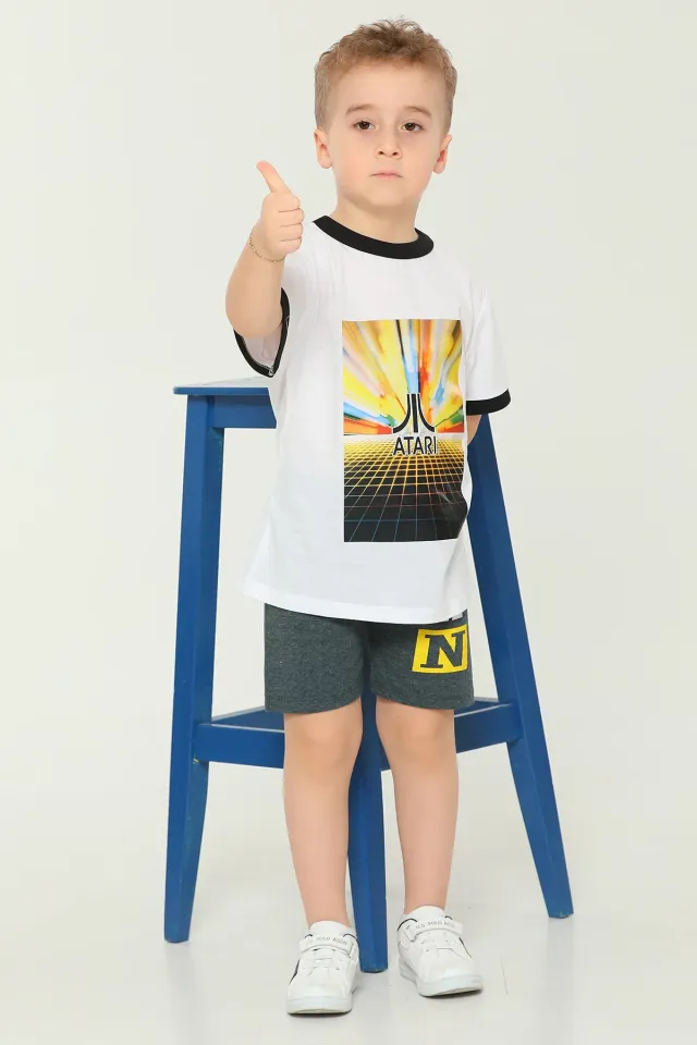 Erkek Çocuk Likralı Bisiklet Yaka Baskılı T-shirt KırıkBeyaz