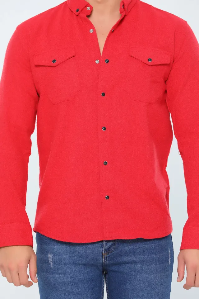 Erkek Slim Fit Çift Cepli Uzun Kollu Gömlek Kırmızı