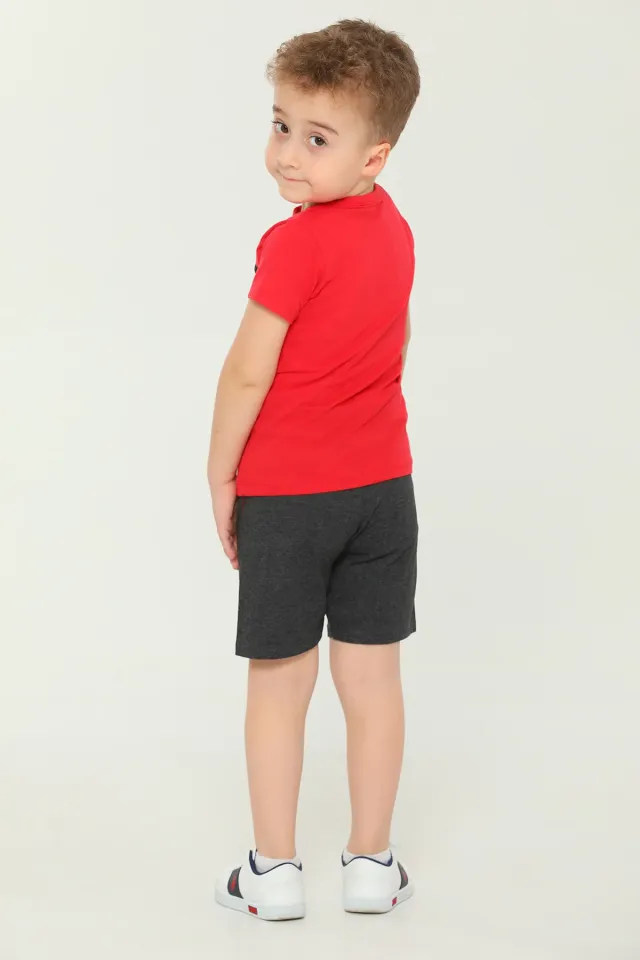 Erkek Çocuk Bisiklet Yaka Baskılı T-shirt Şort İkili Takım Kırmızı