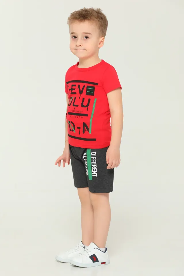 Erkek Çocuk Bisiklet Yaka Baskılı T-shirt Şort İkili Takım Kırmızı