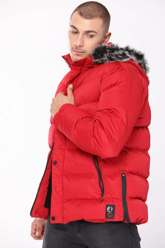 Erkek Kapüşonlu İçi Polarlı Şişme Mont Kırmızı