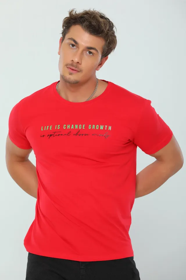 Erkek Likralı Bisiklet Yaka Baskılı T-shirt Kırmızı