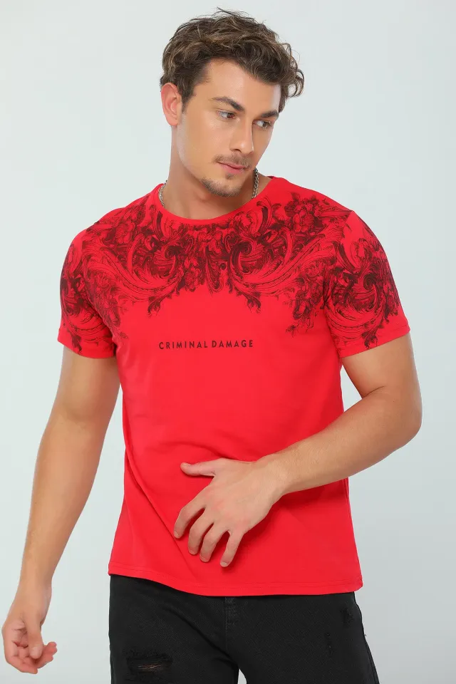 Erkek Likralı Bisiklet Yaka Baskılı T-shirt Kırmızı