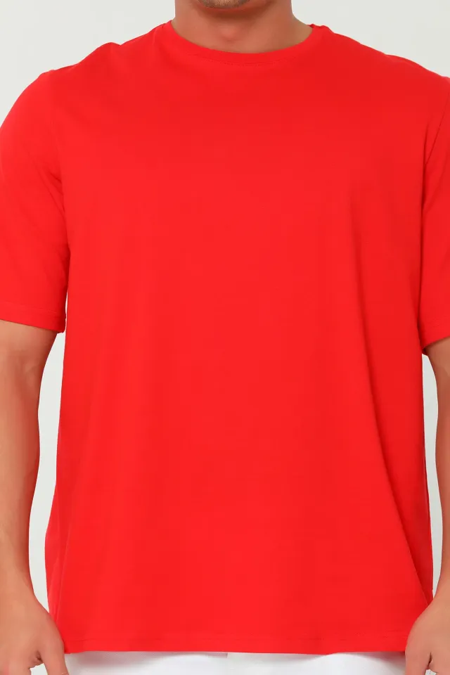 Erkek Likralı Oversize Bisiklet Yaka Basic T-shirt Kırmızı