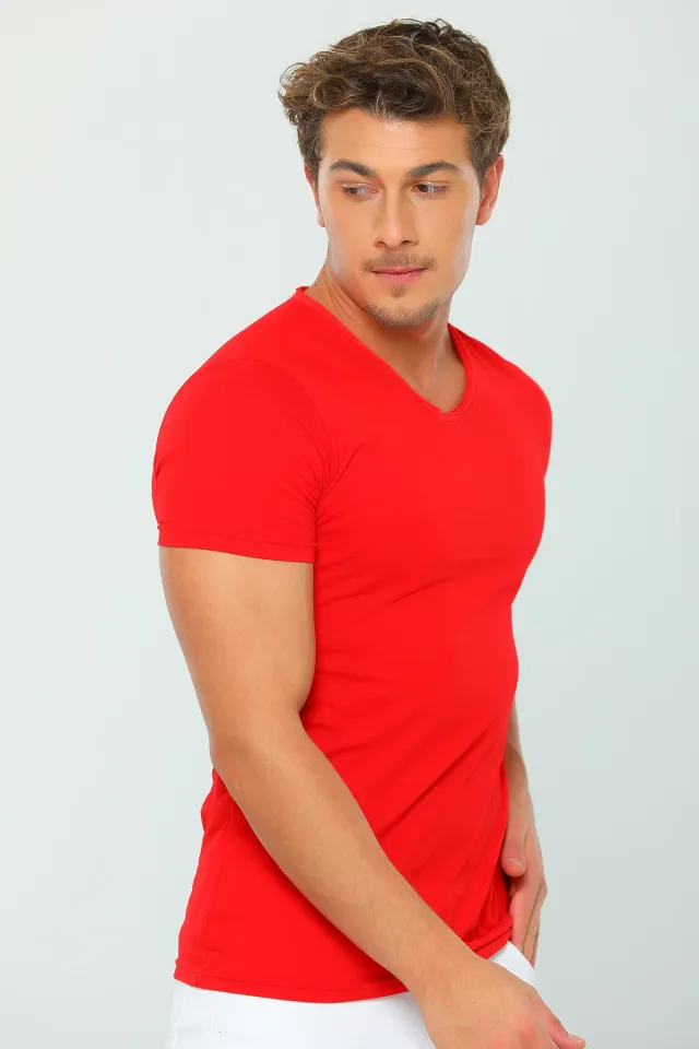 Erkek Likralı V Yaka Slim Fit Basic Body T-shirt Kırmızı