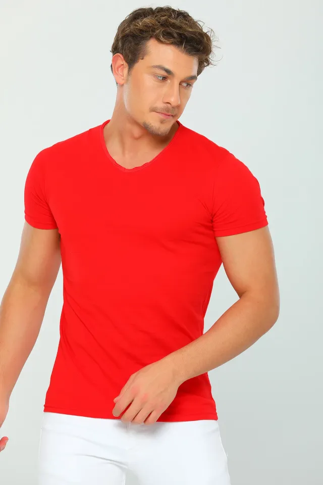 Erkek Likralı V Yaka Slim Fit Basic Body T-shirt Kırmızı