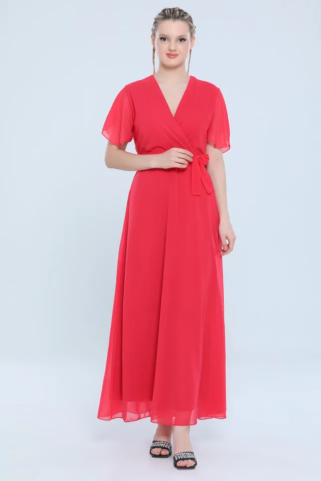 Kadın Anvelop Yaka İç Astarlı Kol Etek Volanlı Uzun Şifon Abiye Elbise Kırmızı