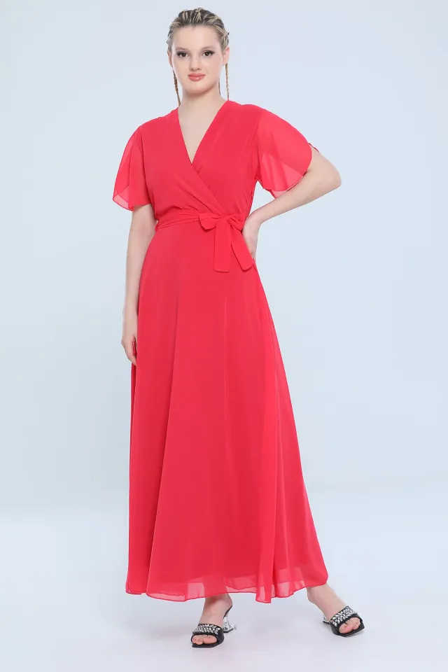 Kadın Anvelop Yaka İç Astarlı Kol Etek Volanlı Uzun Şifon Abiye Elbise Kırmızı