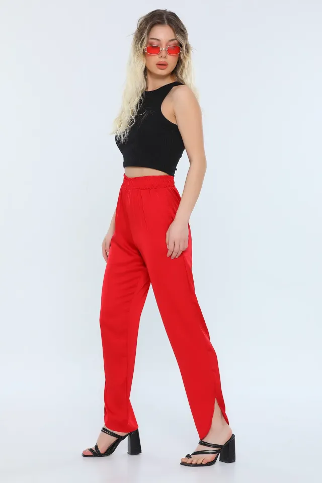 Kadın Ekstra Yüksek Bel Paça Yırtmaçlı Saten Pantolon Kırmızı