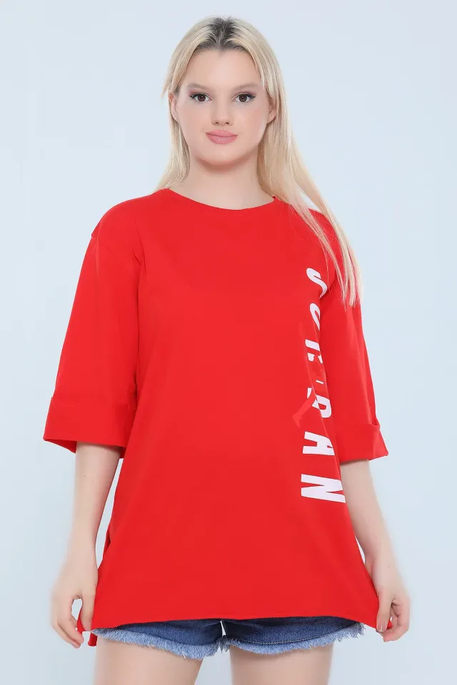 Kadın Likralı Bisiklet Yaka Duble Kol Yırtmaçlı Baskılı Salaş T-shirt Kırmızı
